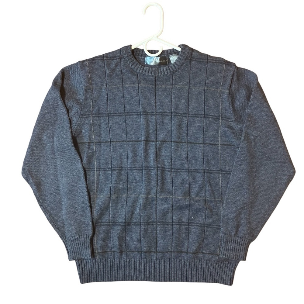 VINTAGE 90s Oscar De La Renta Windowpane Plaid Knit Grandpa Sweater